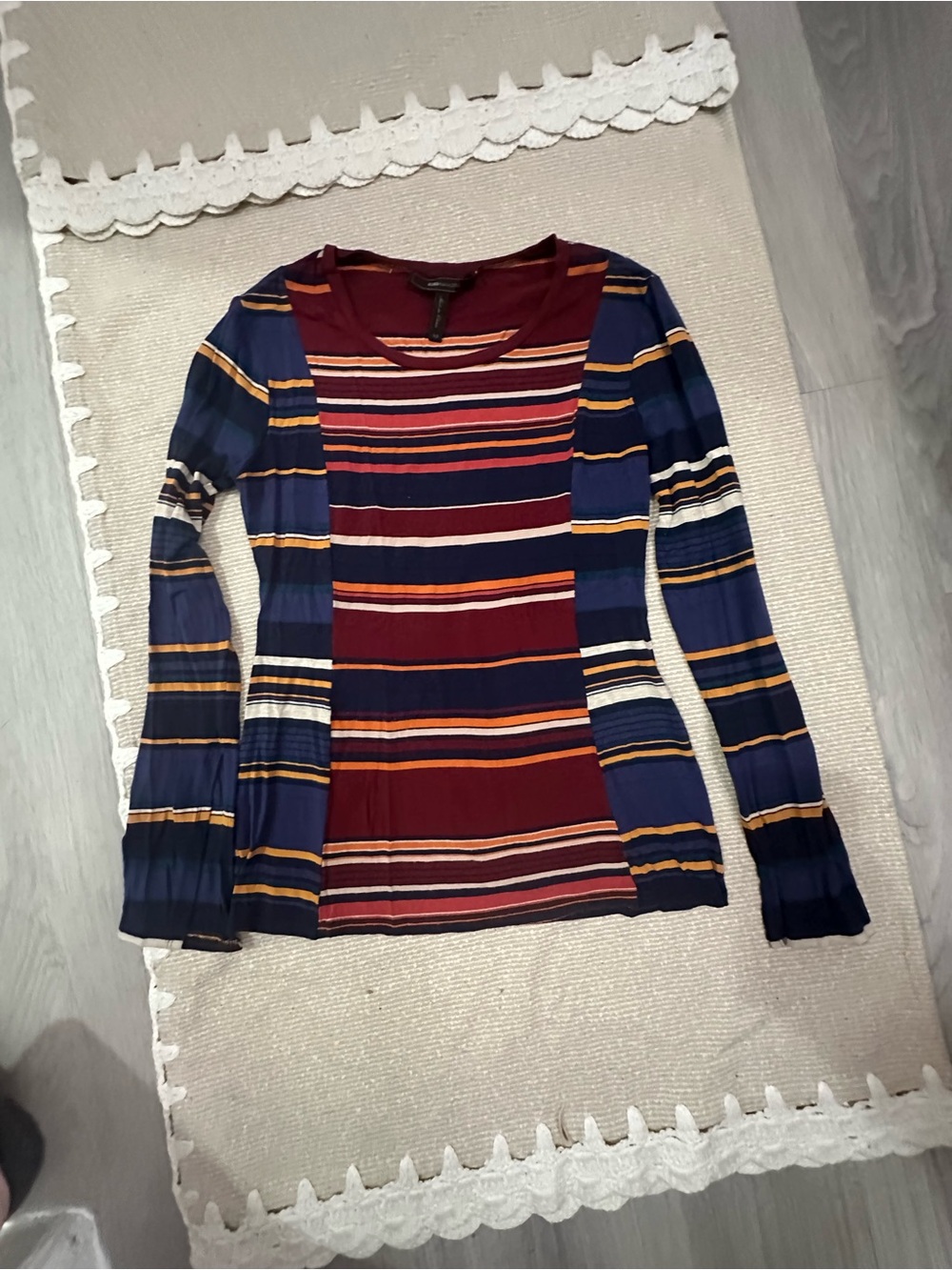 BCBG Striped Long Sleeve Mixed-Panel Top in Navy and Burgundy
